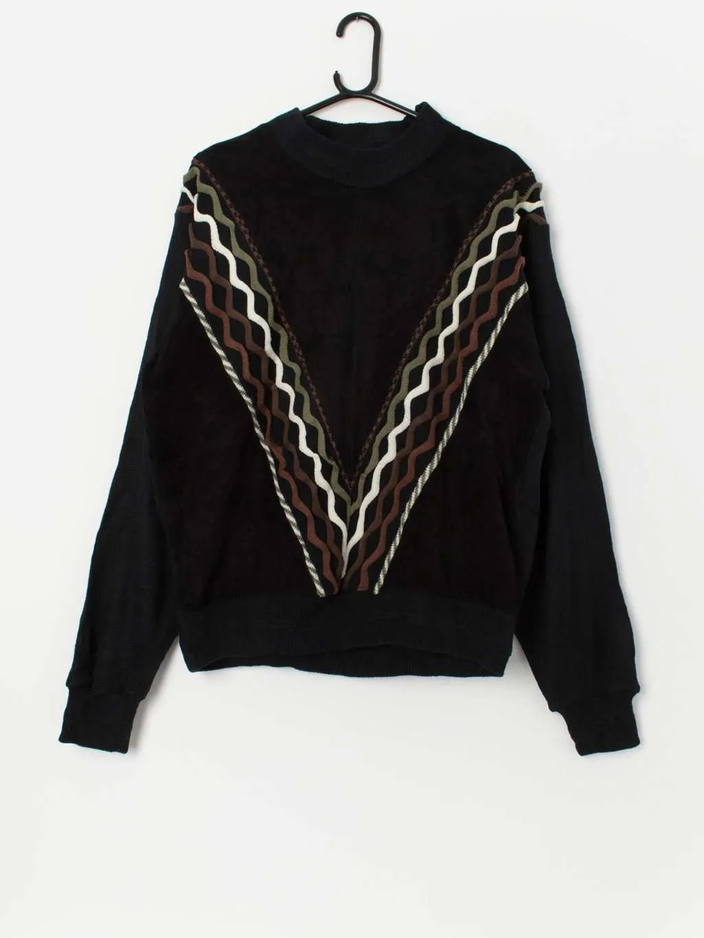 90s vintage leather and knit sweater in autumnal colours – Large