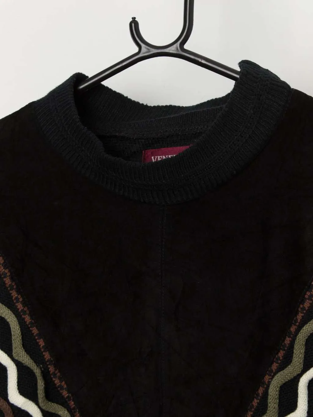 90s vintage leather and knit sweater in autumnal colours – Large