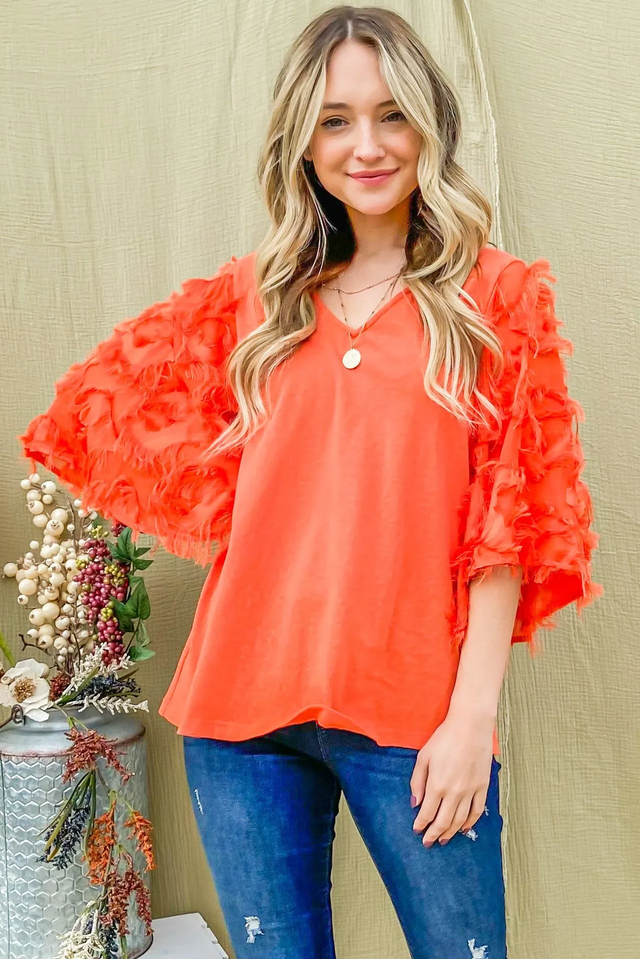 ATW Feather Detailed 3/4 Sleeve Slub Top