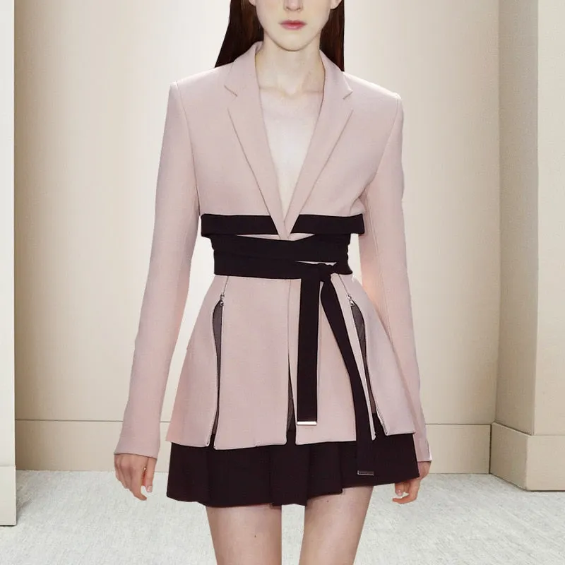 Designer Runway Sets Women's Belted Zipper Decoration Single Button Blazer Mini Skirt Suit