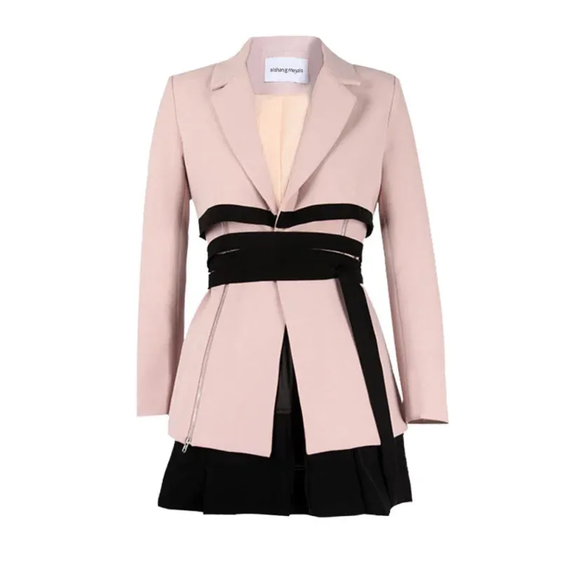 Designer Runway Sets Women's Belted Zipper Decoration Single Button Blazer Mini Skirt Suit