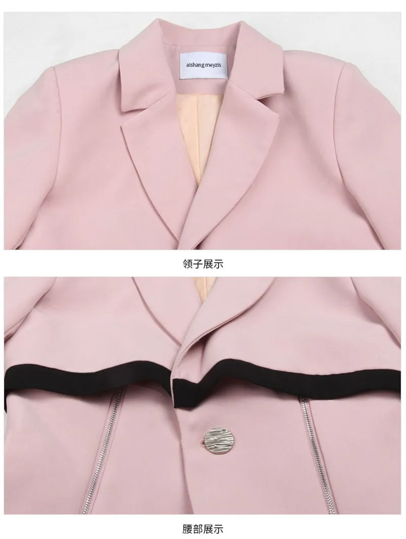 Designer Runway Sets Women's Belted Zipper Decoration Single Button Blazer Mini Skirt Suit