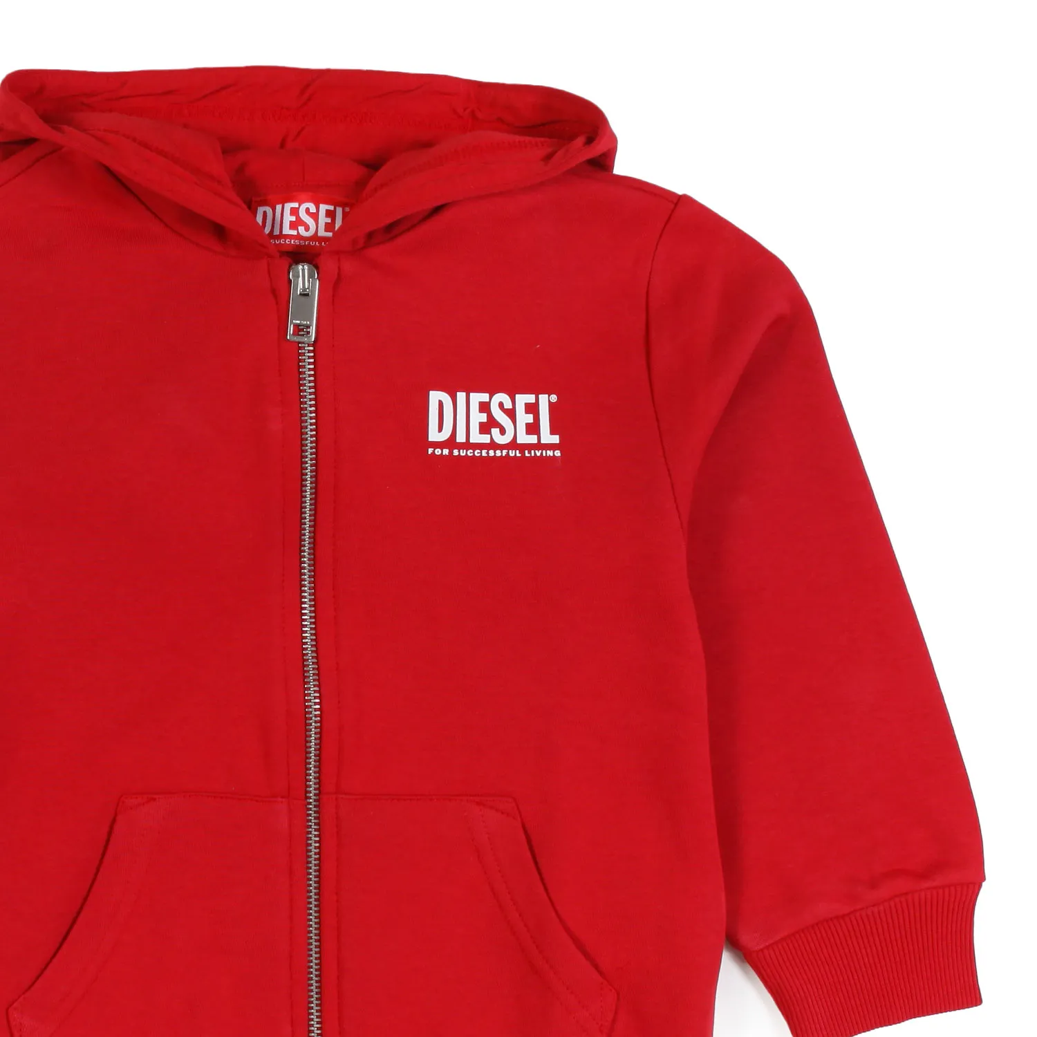 Diesel Red Hoodie With White Diesel Logo And Zip