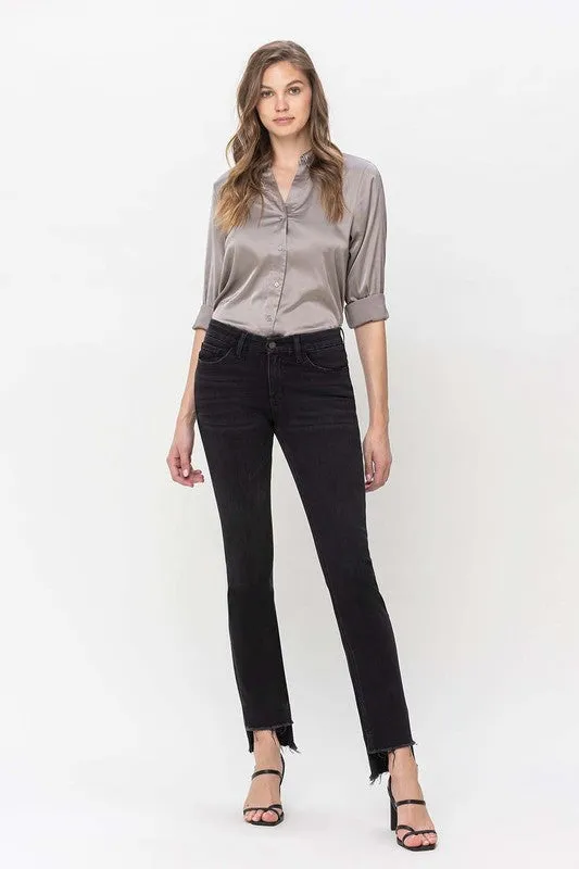 Flying Monkey Mid Rise Step Hem with Slit Straight Jeans