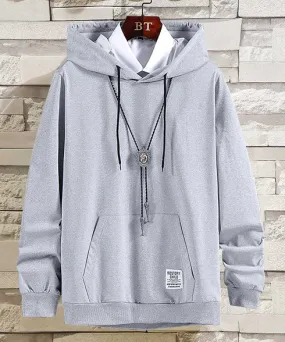 Grey long sleeve print pull over hoodies with pouch pocket