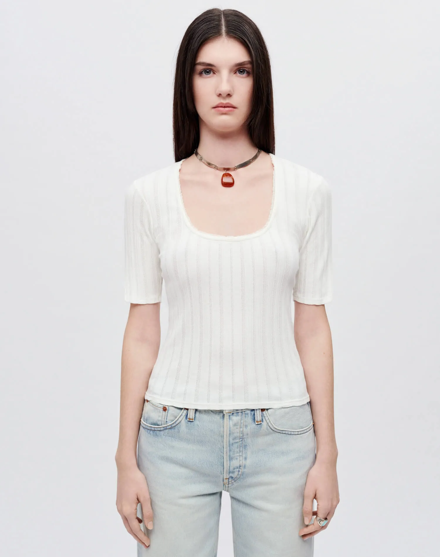 Hanes Pointelle Scoop Neck Tee - Vintage White