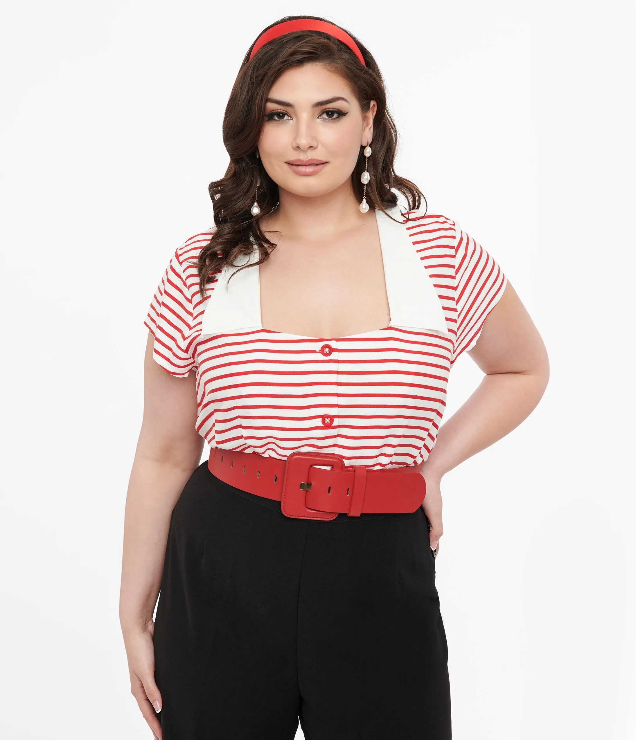 Hell Bunny Plus Size 1940s Red & White Stripe Ahoy Blouse