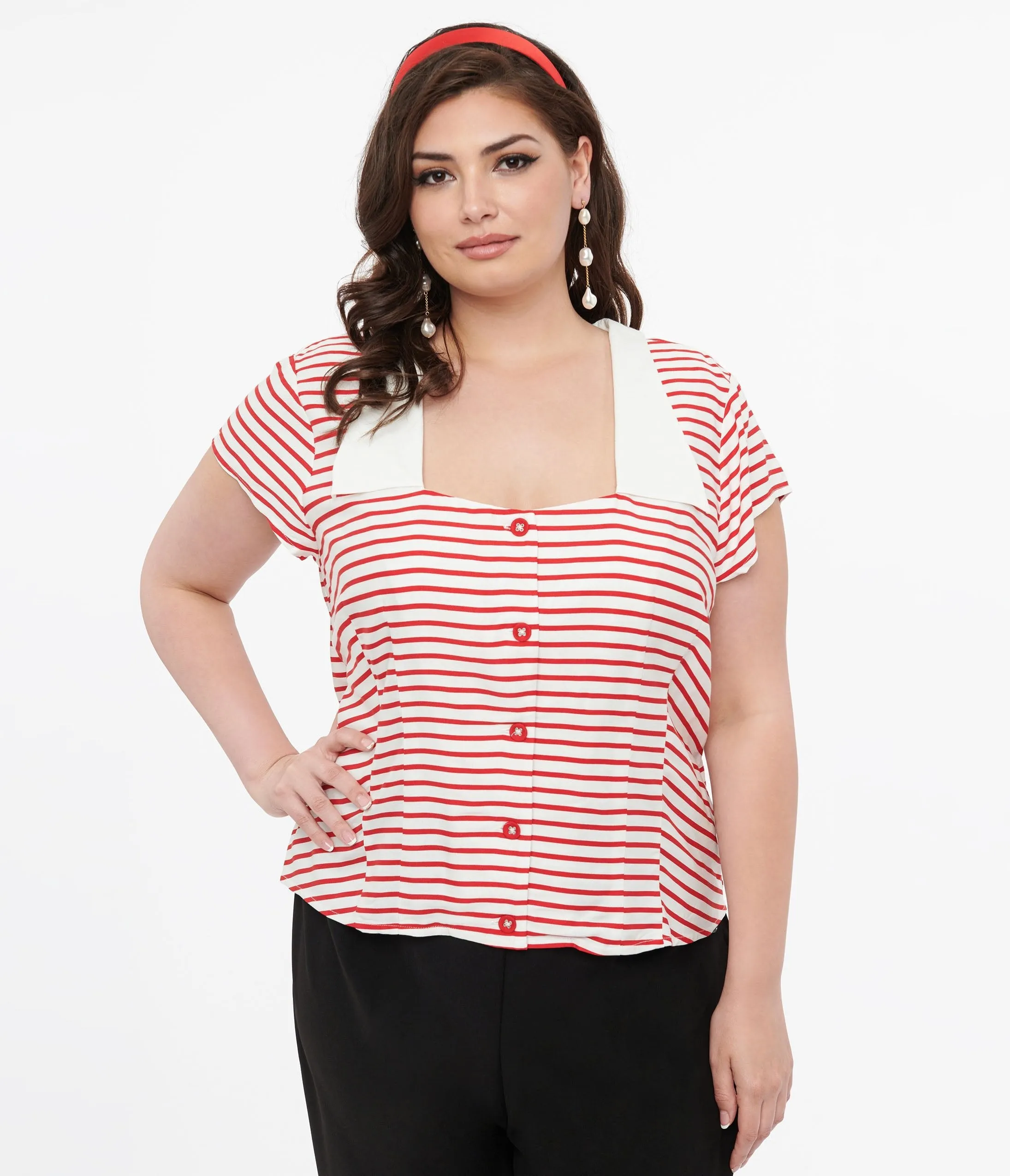 Hell Bunny Plus Size 1940s Red & White Stripe Ahoy Blouse