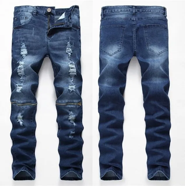 Light Blue Denim Designer Ripped Jeans Slim Fit Joggers Pants for Men