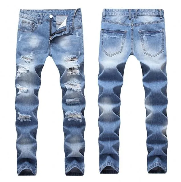 Light Blue Denim Designer Ripped Jeans Slim Fit Joggers Pants for Men