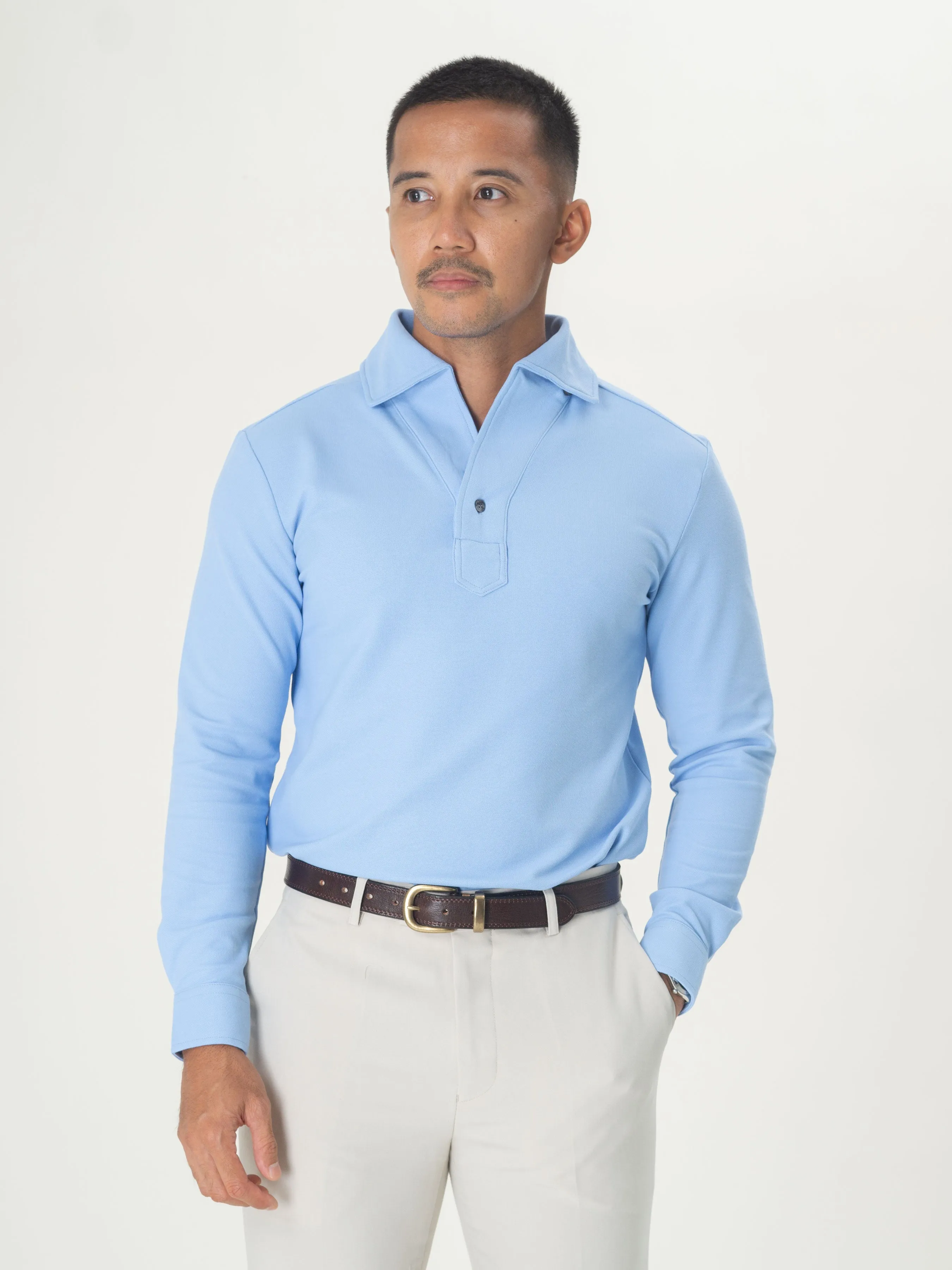 Long Sleeve Polo Shirt - Sky Blue One-Piece Collar Single Button