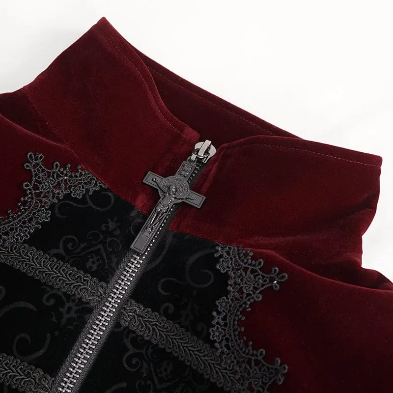 Men's Gothic Stand Collar Lace Splice Swallow-tailed Coat Red