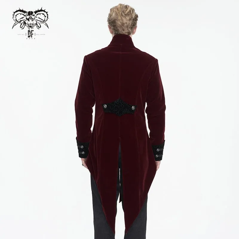 Men's Gothic Stand Collar Lace Splice Swallow-tailed Coat Red