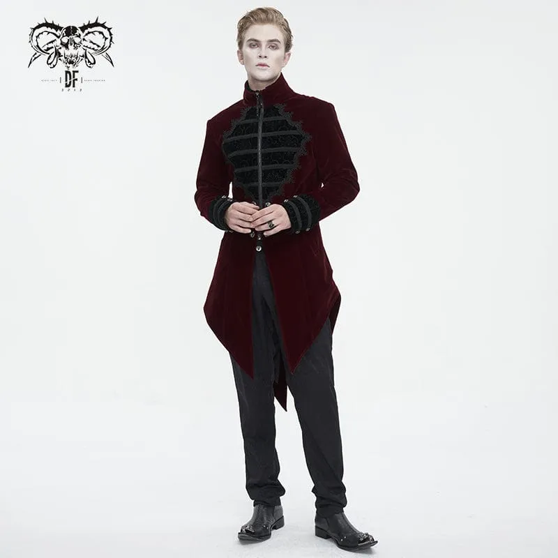 Men's Gothic Stand Collar Lace Splice Swallow-tailed Coat Red