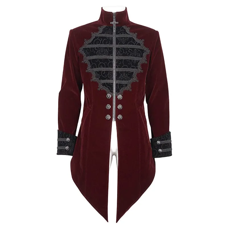 Men's Gothic Stand Collar Lace Splice Swallow-tailed Coat Red