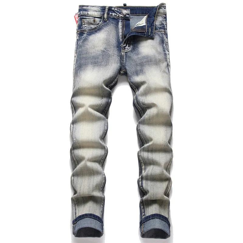 Men's Punk Style Solid Pattern Mid-waist Distressed Denim Skinny Jeans Pants