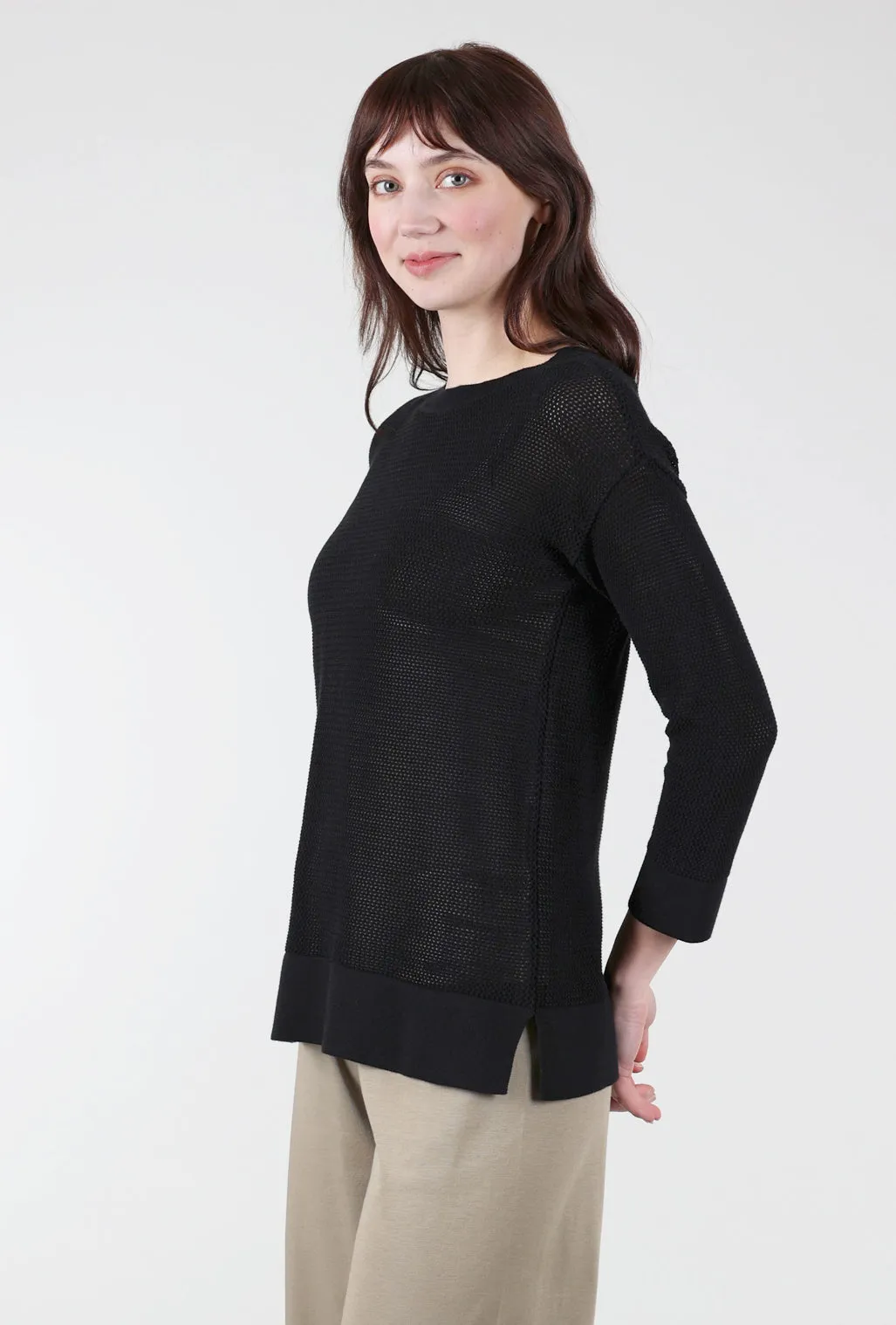 Mesh L/S Crew Sweater, Black