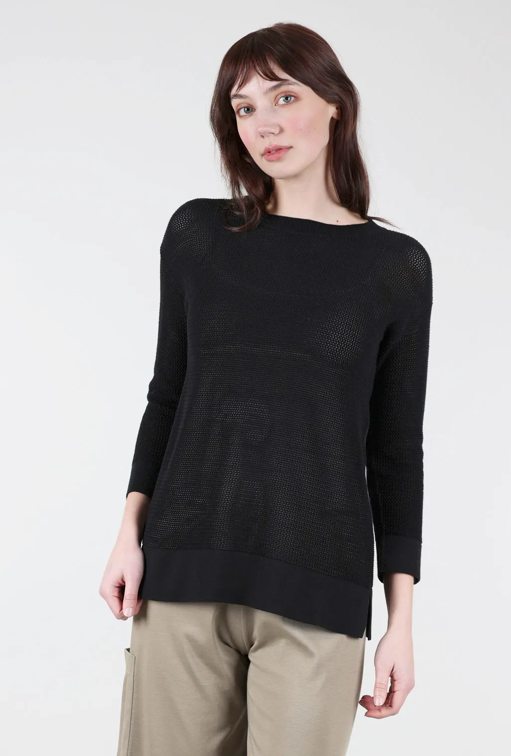 Mesh L/S Crew Sweater, Black