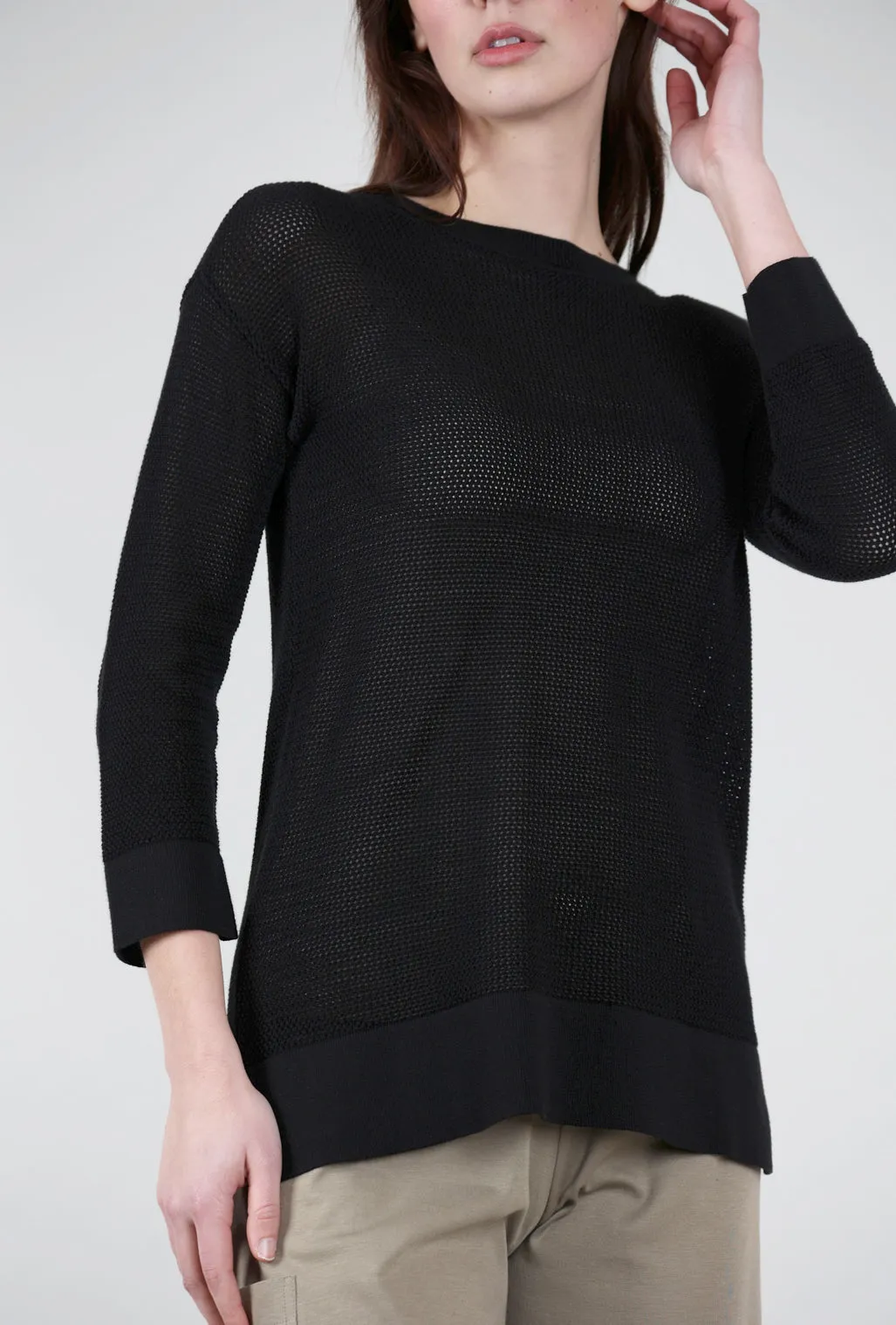 Mesh L/S Crew Sweater, Black