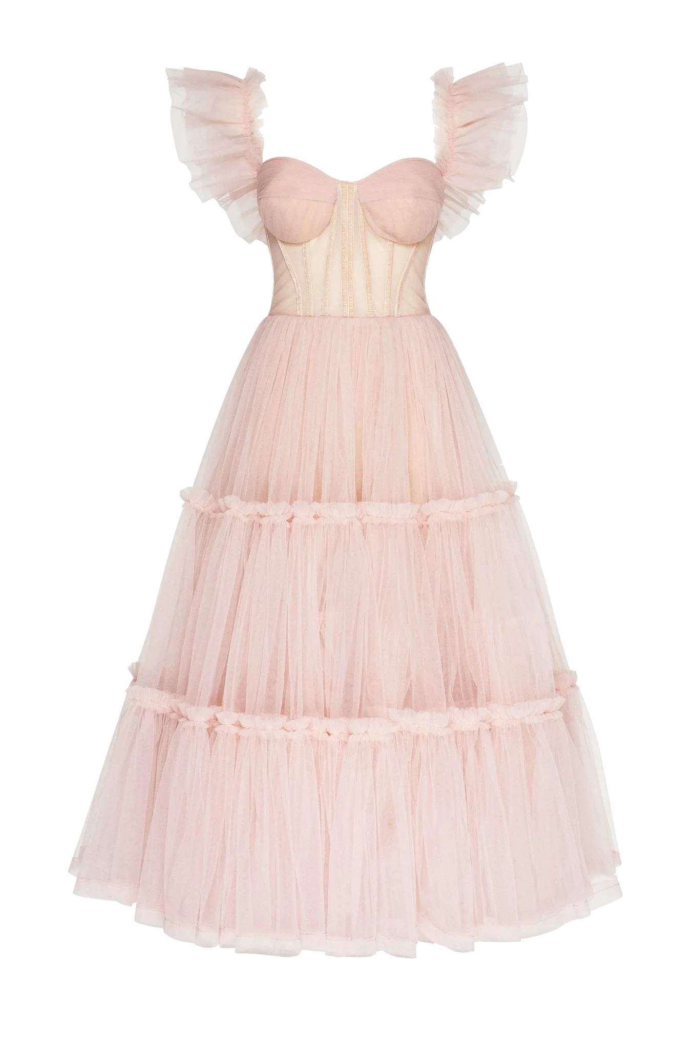 Misty Rose Ruffled Tulle Midi Dress