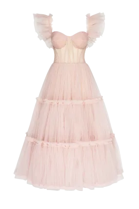 Misty Rose Ruffled Tulle Midi Dress