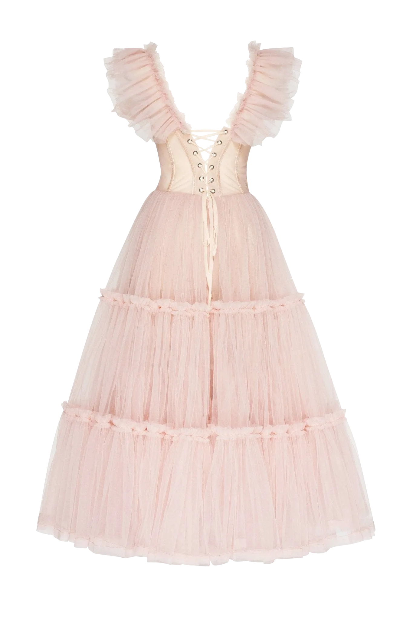 Misty Rose Ruffled Tulle Midi Dress