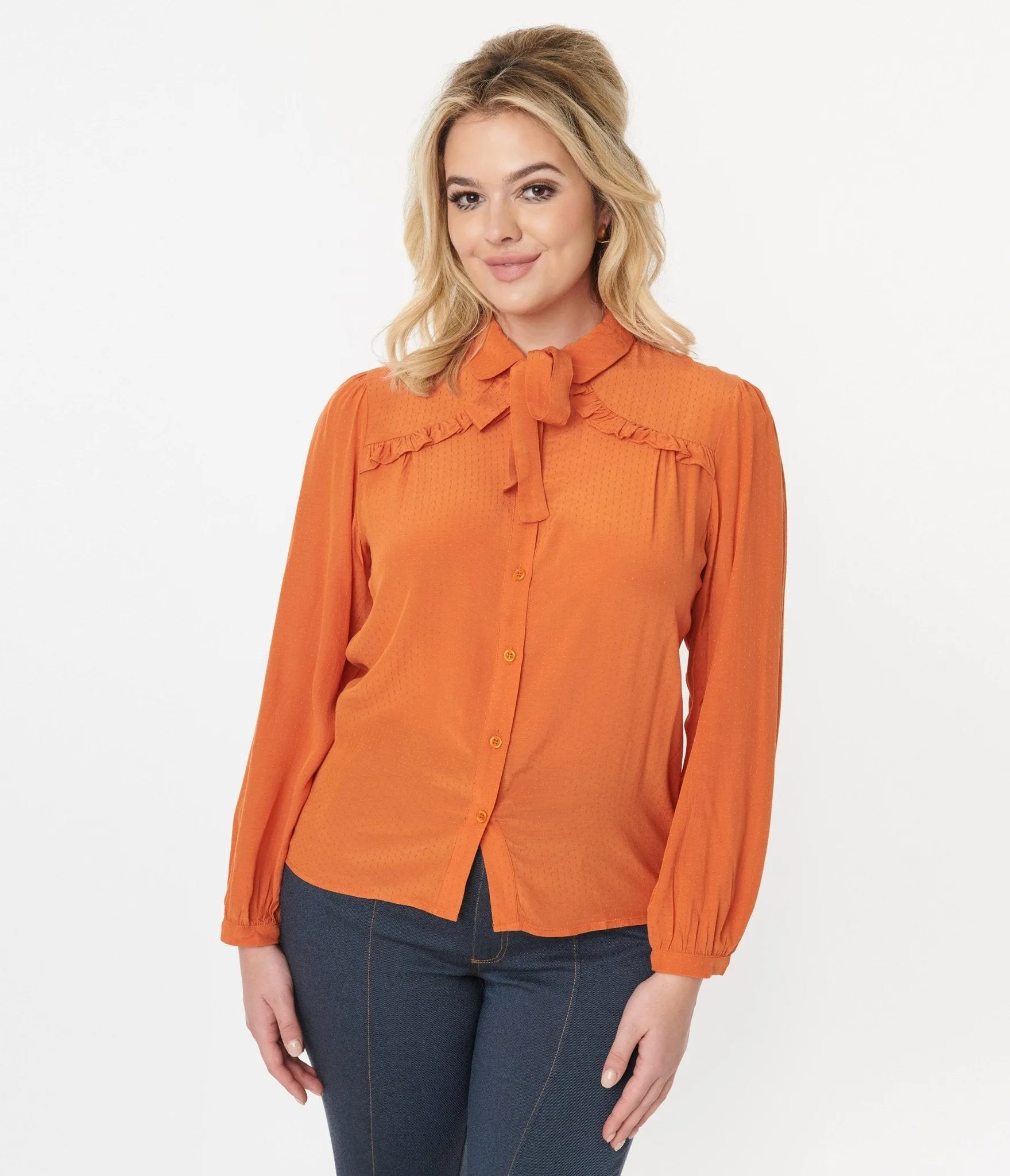 Orange Ruffle Yoke Bow Blouse