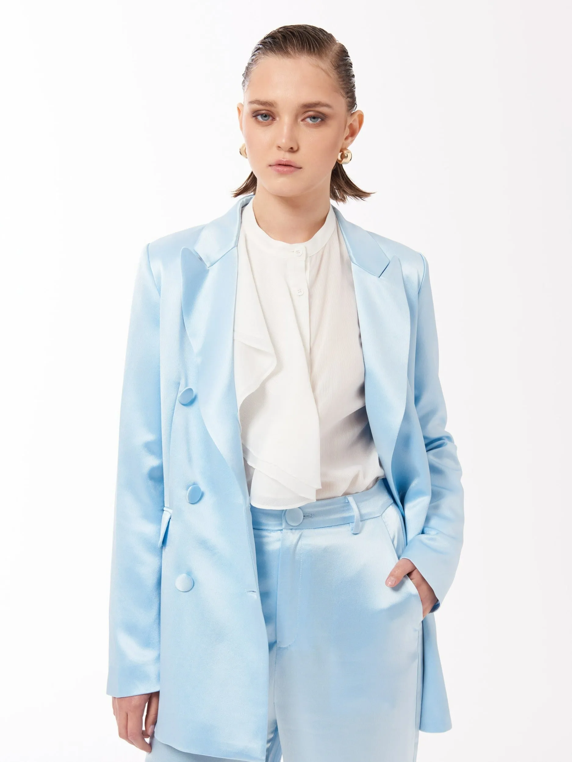 Satin Double-Breasted Blazer Jacket in Baby Blue