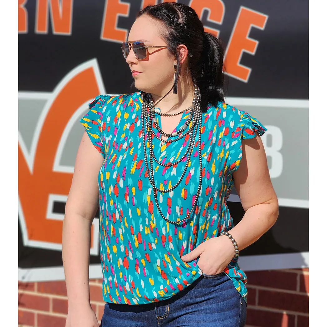 Teal Paintbrush Flutter Blouse