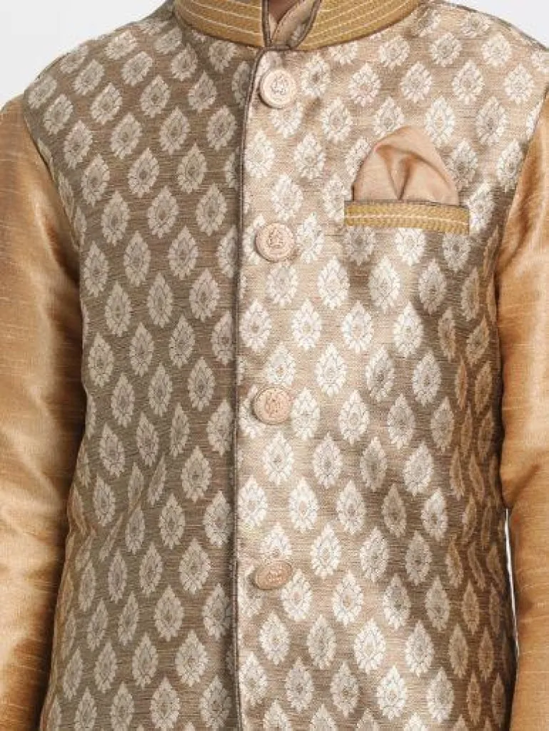 VASTRAMAY Boys' Gold Cotton Silk Blend Kurta, Waistcoat and Pyjama Set