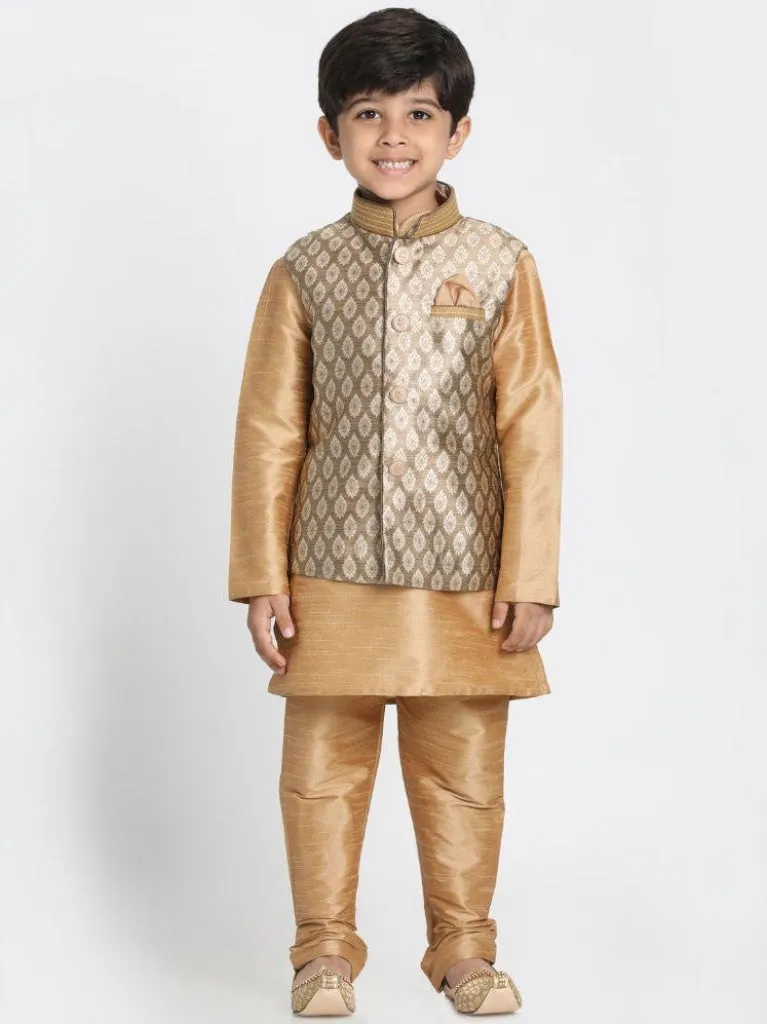 VASTRAMAY Boys' Gold Cotton Silk Blend Kurta, Waistcoat and Pyjama Set