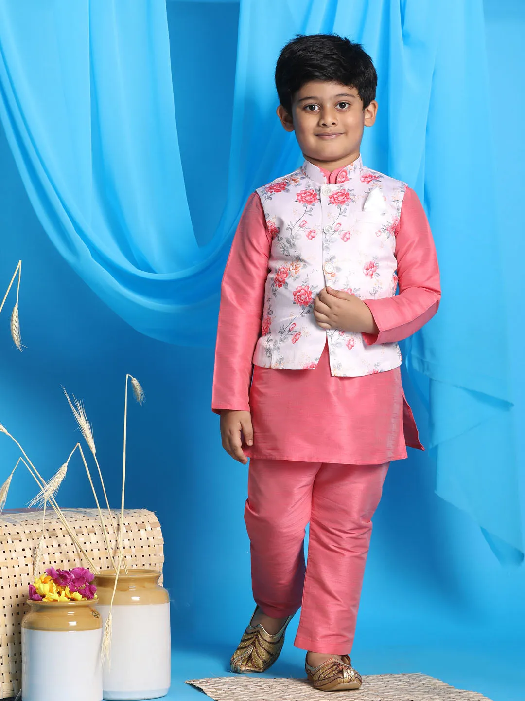 VASTRAMAY Boy's Peach Floral Print Jacket With Pink Kurta and Pyjama Set