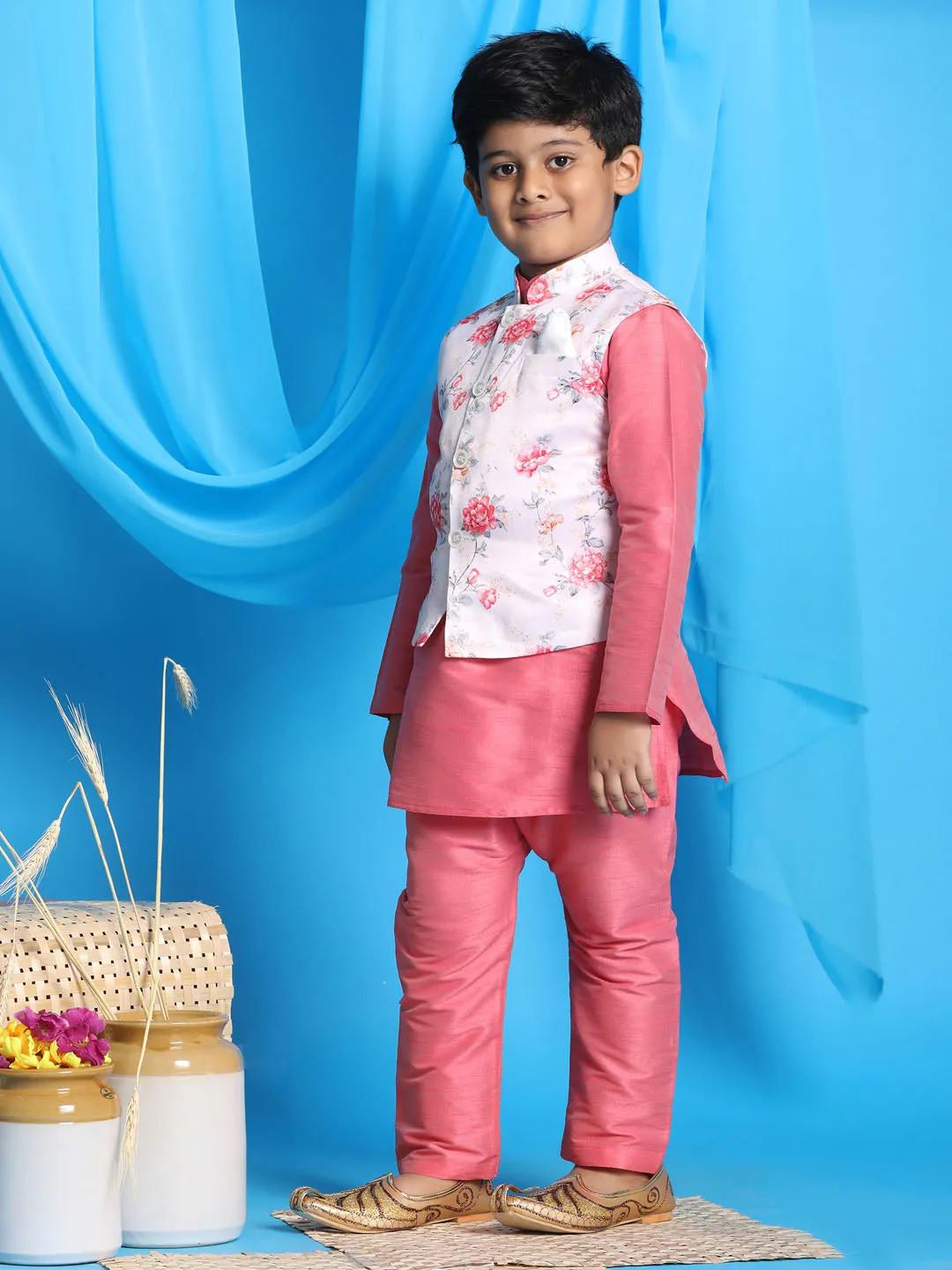 VASTRAMAY Boy's Peach Floral Print Jacket With Pink Kurta and Pyjama Set