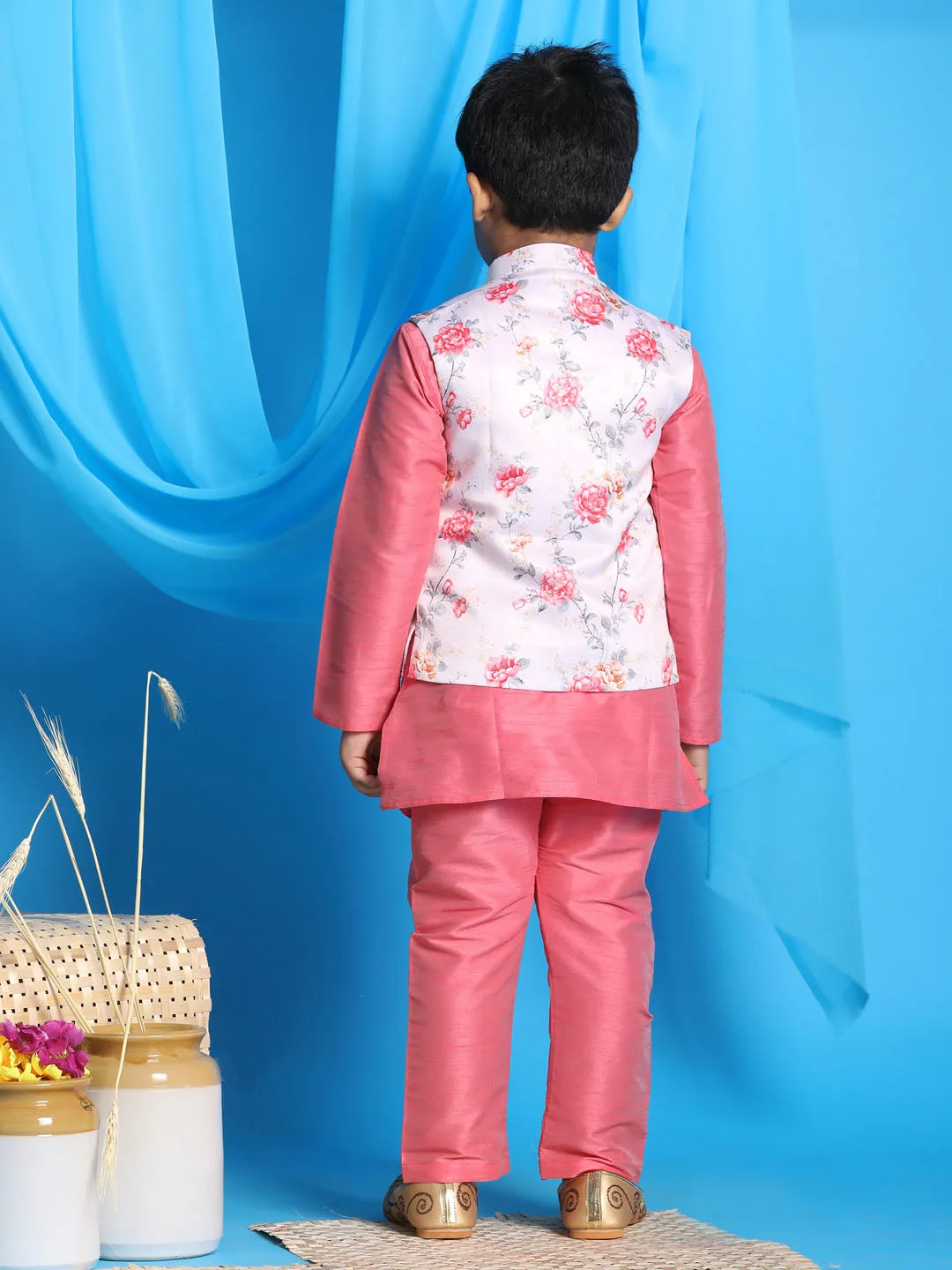 VASTRAMAY Boy's Peach Floral Print Jacket With Pink Kurta and Pyjama Set