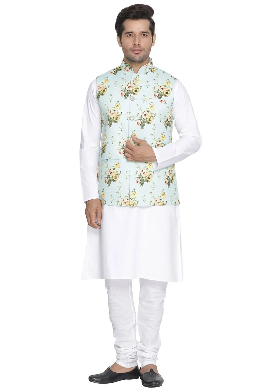 VASTRAMAY Men's Multicolor Cotton Blend Kurta, Ethnic Jacket and Pyjama Set