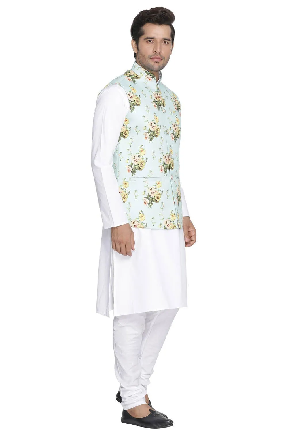 VASTRAMAY Men's Multicolor Cotton Blend Kurta, Ethnic Jacket and Pyjama Set