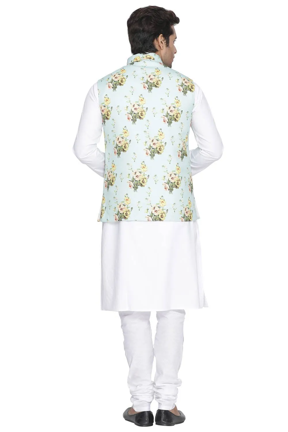 VASTRAMAY Men's Multicolor Cotton Blend Kurta, Ethnic Jacket and Pyjama Set