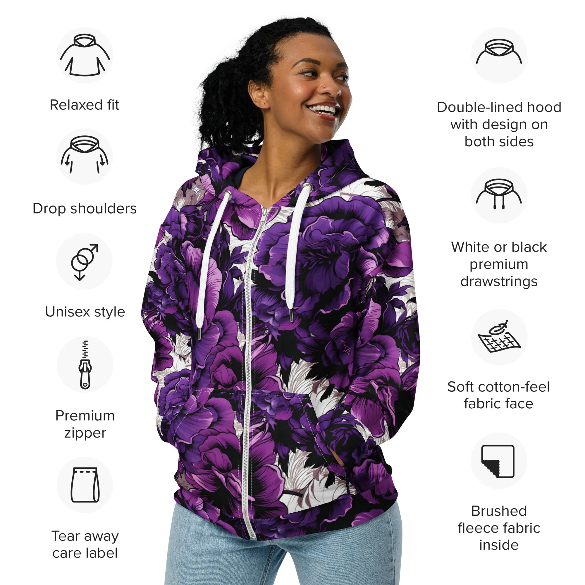 Womens Zip Hoodie - Purple Flowers 001