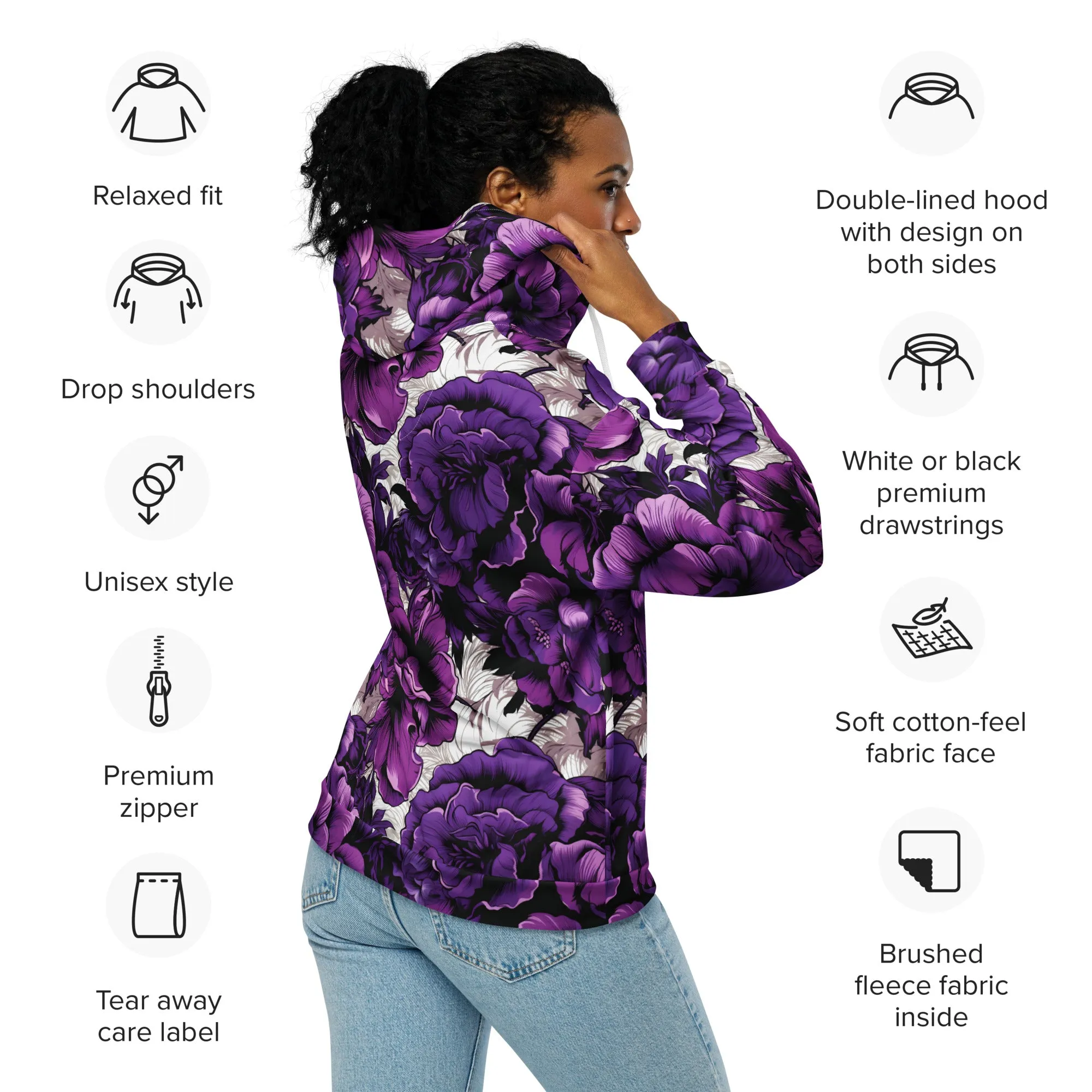 Womens Zip Hoodie - Purple Flowers 001