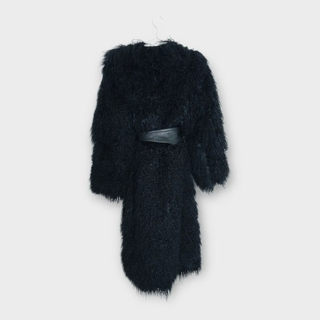 Zimmermann Black Mongolian Fur + Leather Longline Coat