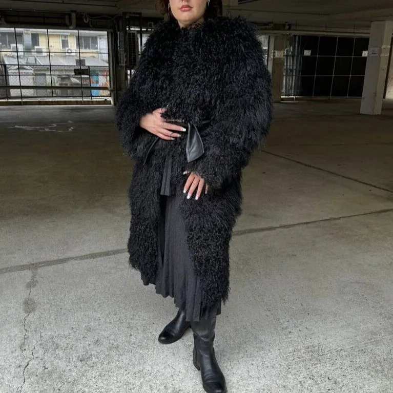 Zimmermann Black Mongolian Fur + Leather Longline Coat