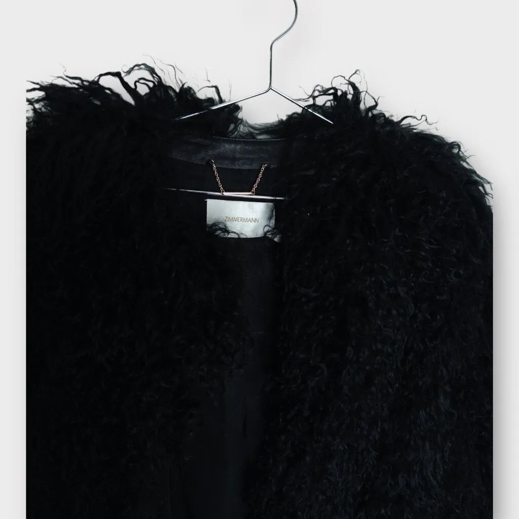 Zimmermann Black Mongolian Fur + Leather Longline Coat